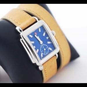 Michele Blue Dial Diamond Accent Watch with Tan Wrap Strap